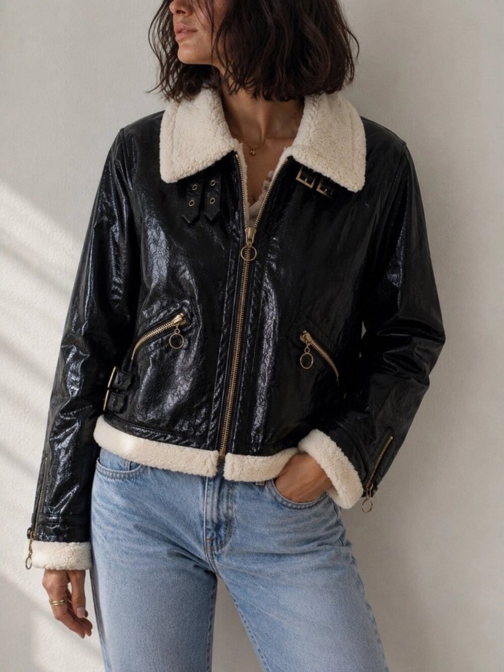 Jonathan Simkhai Black Faux Leather Shearling Aviator Bomber Jacket XS